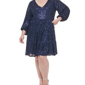 Eliza J Blue Sequined Long-Sleeve Tiered Dress Size 8 New with tags